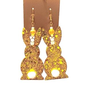 HAND CRAFTED Golden Yellow Glitter Easter Bunny Rabbit Cotton Tail Earrings